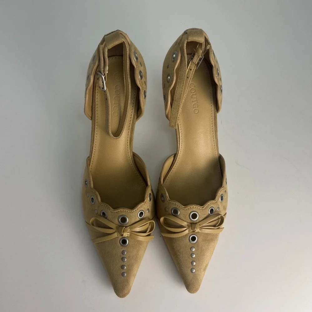 Coutgo Nude Suede Eyelet Bow Stiletto Heels Pointed Toe‎ Ankle Strap Size 8 NWB